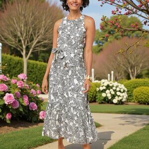 Talbots White Black Paisley Womens 16 Petite Belted Midi Dress Feminine Beachy